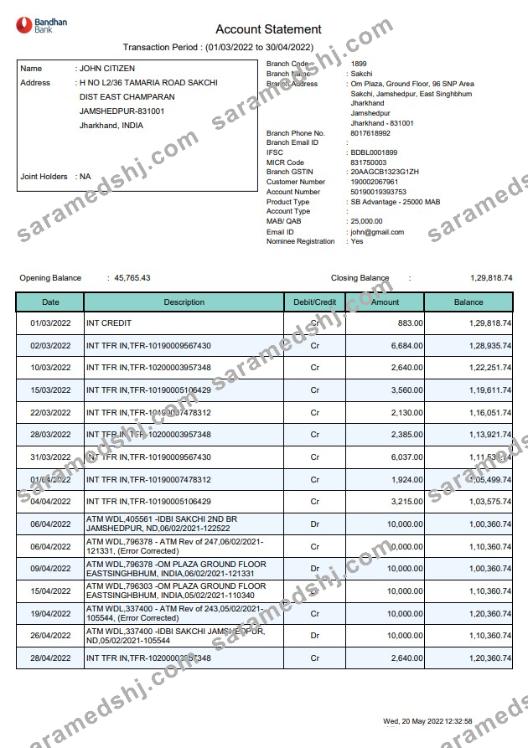 India Bandhan bank statement